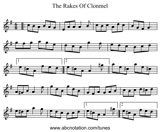 The Rakes Of Clonmel - staff notation