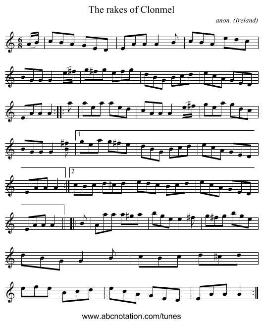 The rakes of Clonmel - staff notation