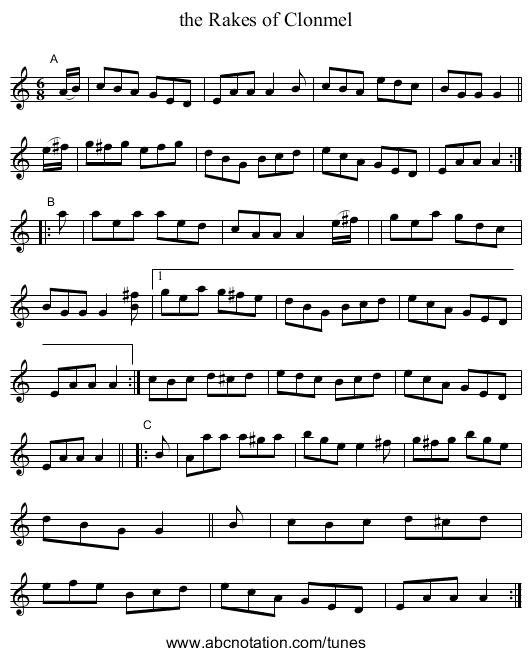 the Rakes of Clonmel - staff notation