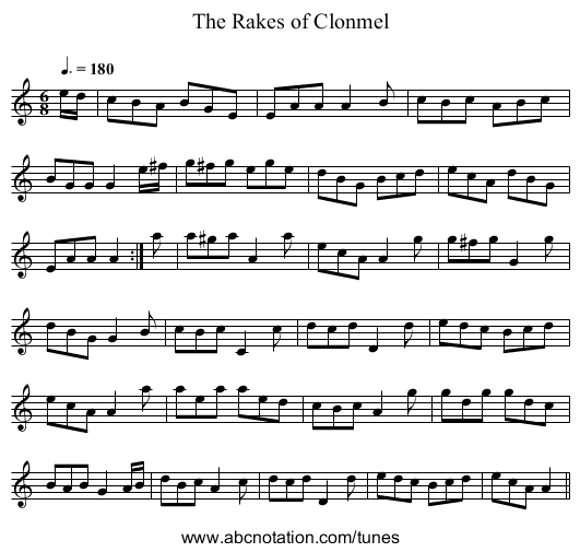 The Rakes of Clonmel - staff notation