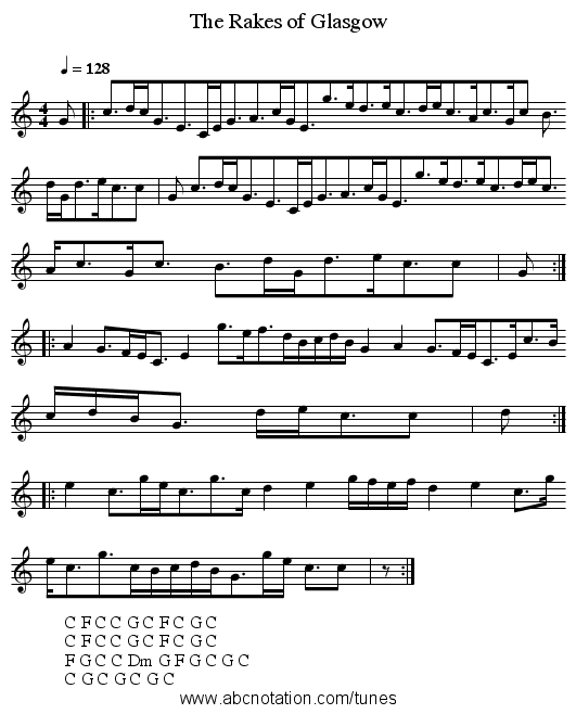 The Rakes of Glasgow - staff notation