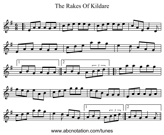 The Rakes Of Kildare - staff notation