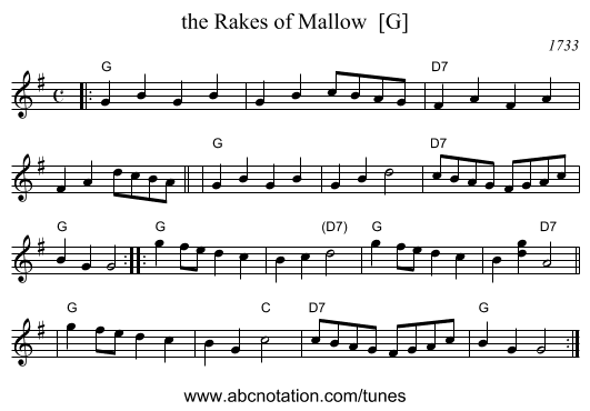 the Rakes of Mallow  [G] - staff notation
