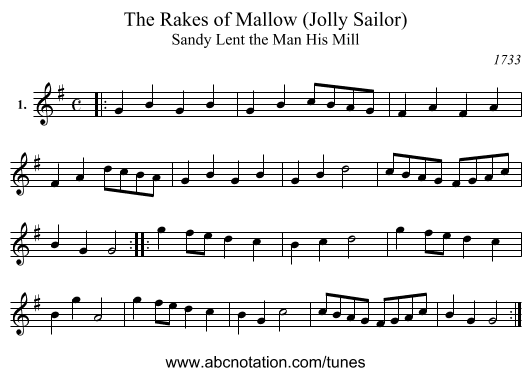The Rakes of Mallow (Jolly Sailor) - staff notation