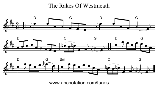 The Rakes Of Westmeath - staff notation