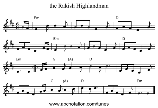 the Rakish Highlandman - staff notation