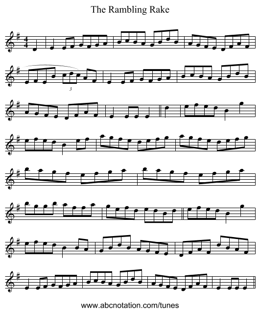 The Rambling Rake - staff notation