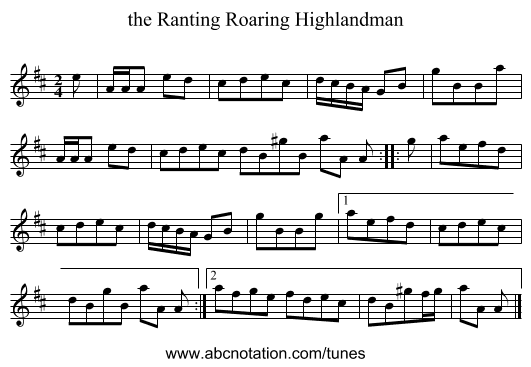 the Ranting Roaring Highlandman - staff notation