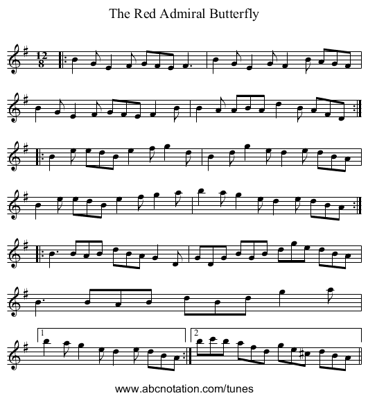 The Red Admiral Butterfly - staff notation