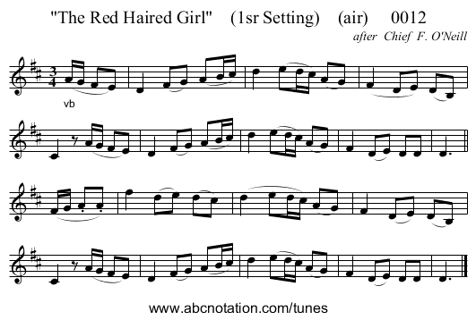 The Red Haired Girl    (1sr Setting)    (air)     0012 - staff notation