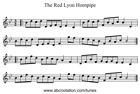 The Red Lyon Hornpipe - staff notation