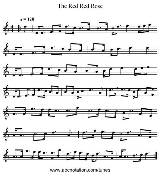 The Red Red Rose - staff notation