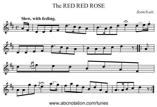The RED RED ROSE - staff notation