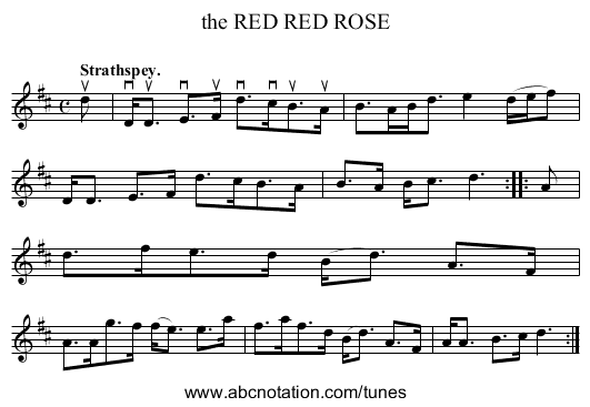 the RED RED ROSE - staff notation