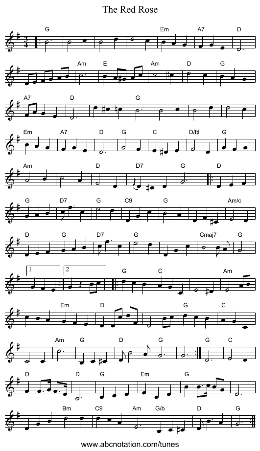 The Red Rose - staff notation
