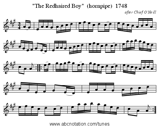 The Redhaired Boy (hornpipe) 1748 - staff notation