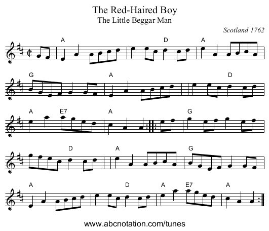 The Red-Haired Boy - staff notation