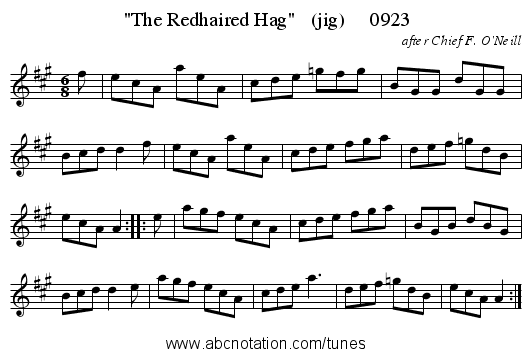 The Redhaired Hag (jig) 0923 - staff notation