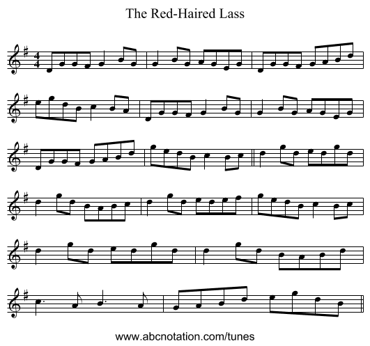 The Red-Haired Lass - staff notation