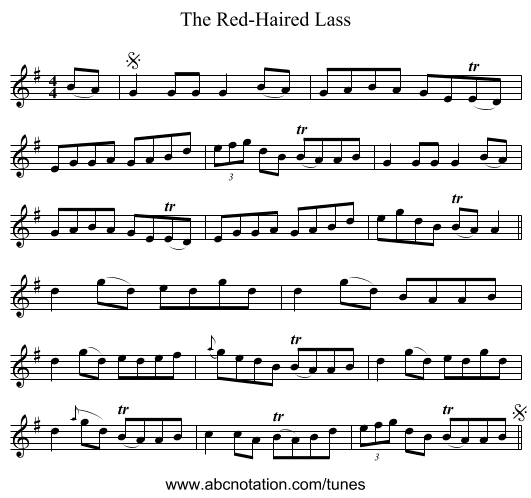 The Red-Haired Lass - staff notation