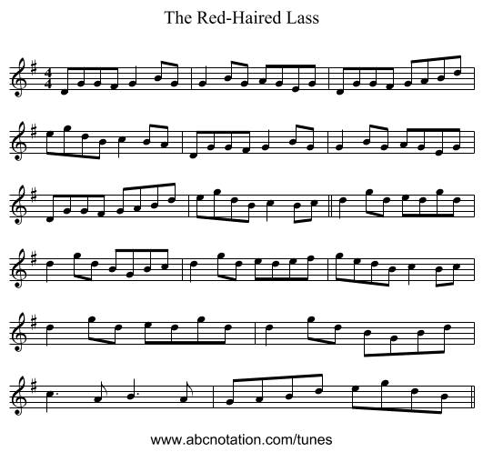 The Red-Haired Lass - staff notation
