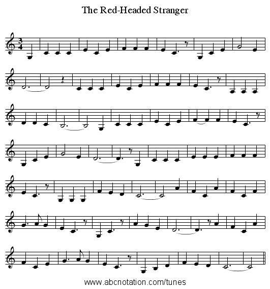 The Red-Headed Stranger - staff notation
