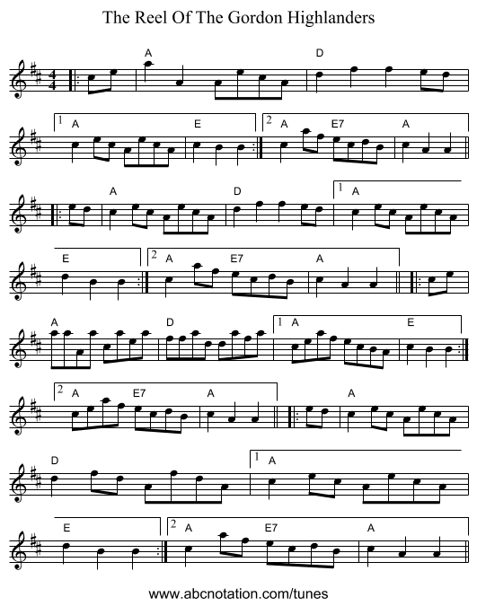 The Reel Of The Gordon Highlanders - staff notation