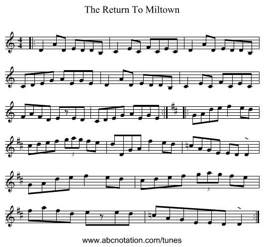 The Return To Miltown - staff notation