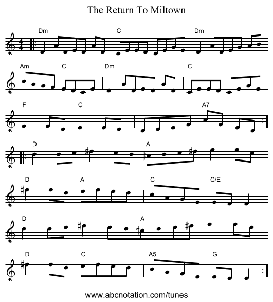 The Return To Miltown - staff notation