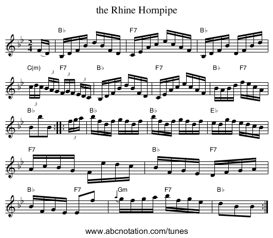 the Rhine Hornpipe - staff notation