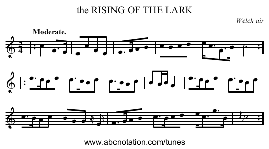 the RISING OF THE LARK - staff notation