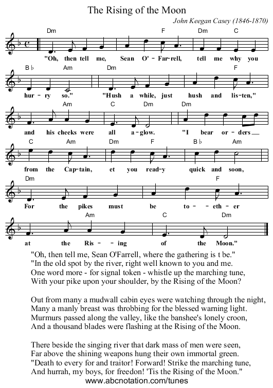 The Rising of the Moon - staff notation