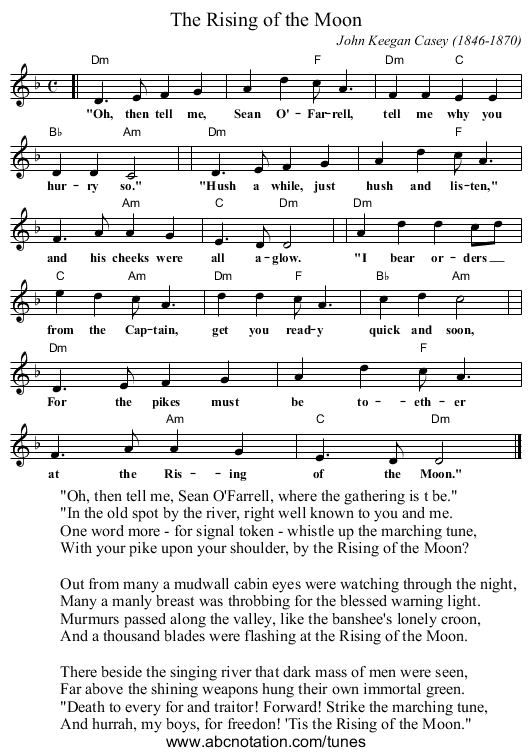 The Rising of the Moon - staff notation