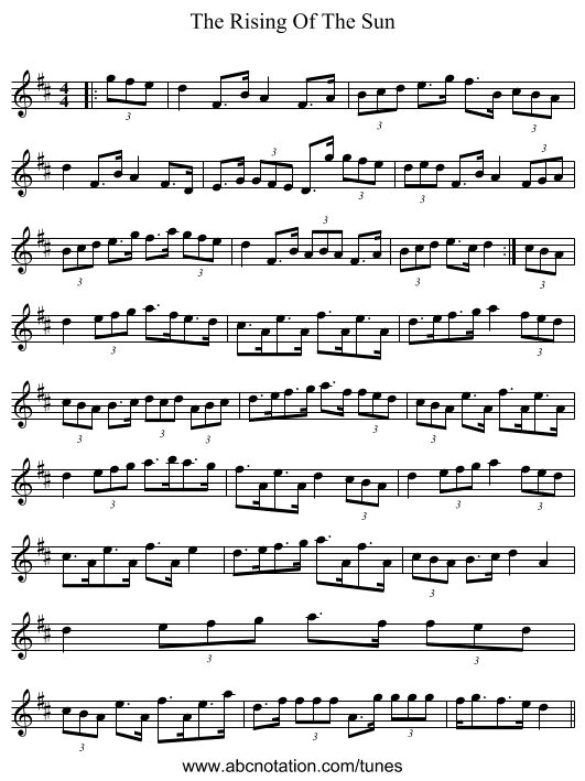 The Rising Of The Sun - staff notation