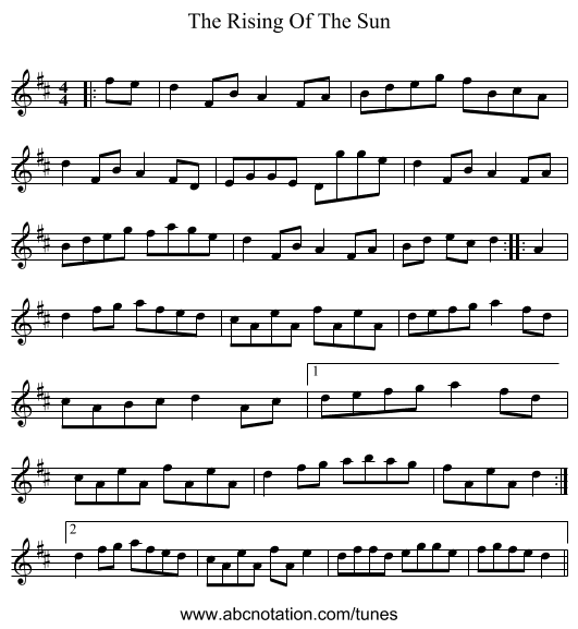 The Rising Of The Sun - staff notation