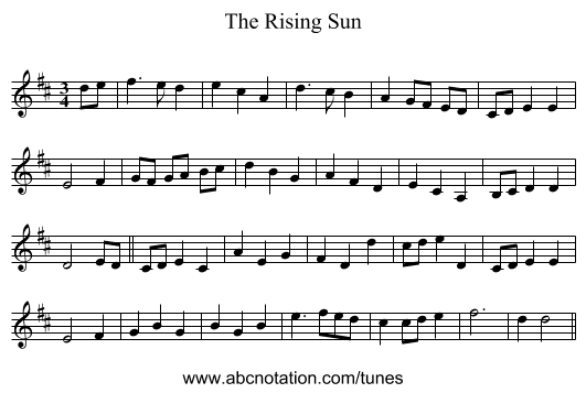 The Rising Sun - staff notation