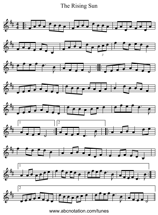 The Rising Sun - staff notation