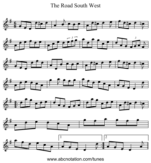 The Road South West - staff notation