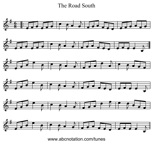 The Road South - staff notation