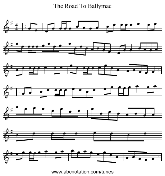 The Road To Ballymac - staff notation