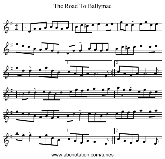 The Road To Ballymac - staff notation