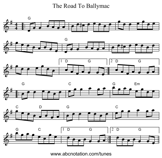 The Road To Ballymac - staff notation