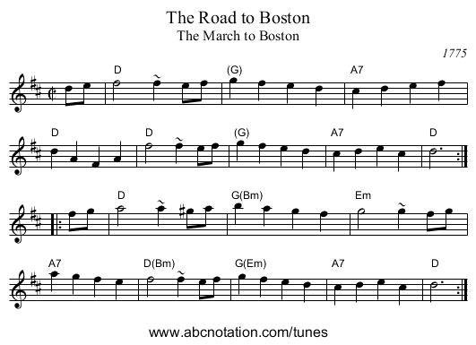 The Road to Boston - staff notation