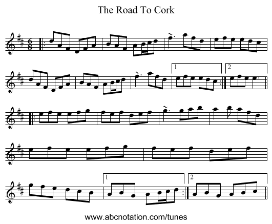 The Road To Cork - staff notation