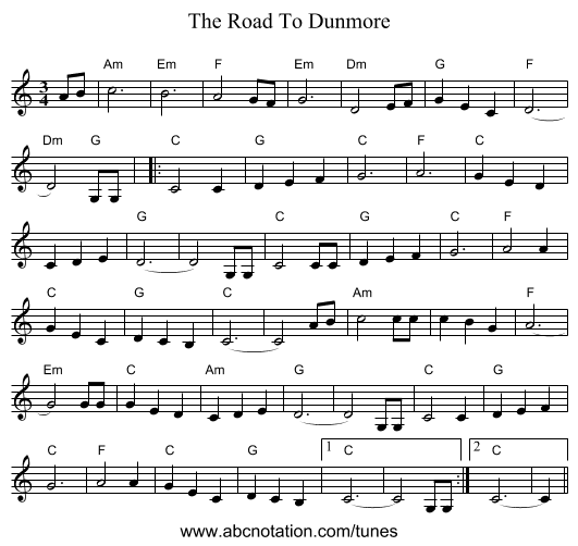 The Road To Dunmore - staff notation