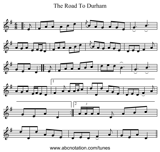 The Road To Durham - staff notation