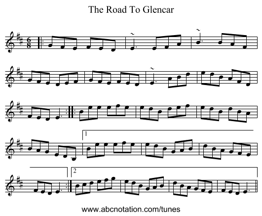 The Road To Glencar - staff notation