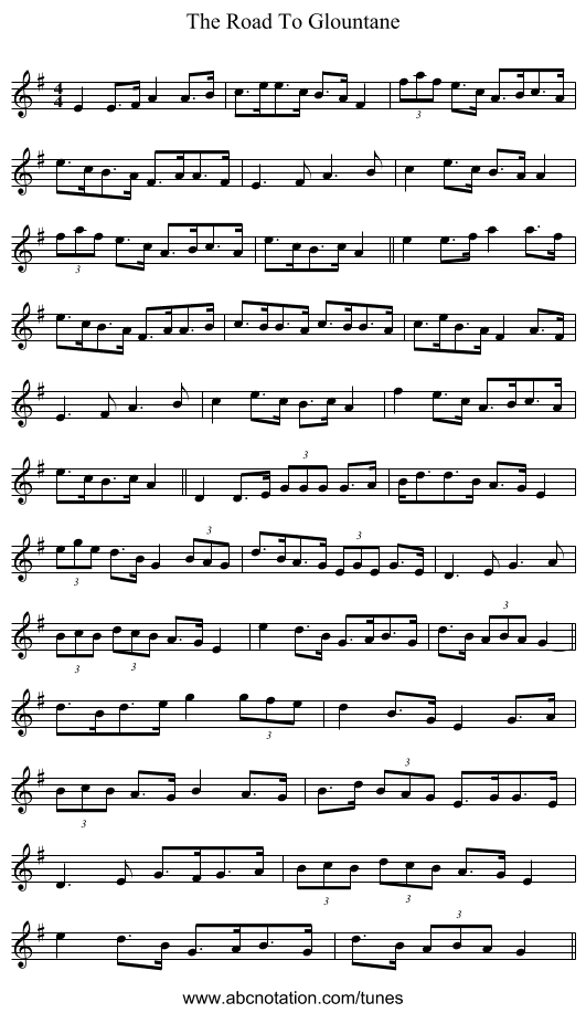 The Road To Glountane - staff notation