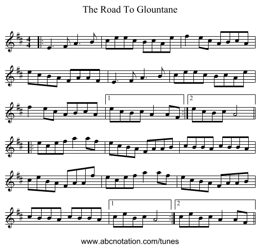 The Road To Glountane - staff notation
