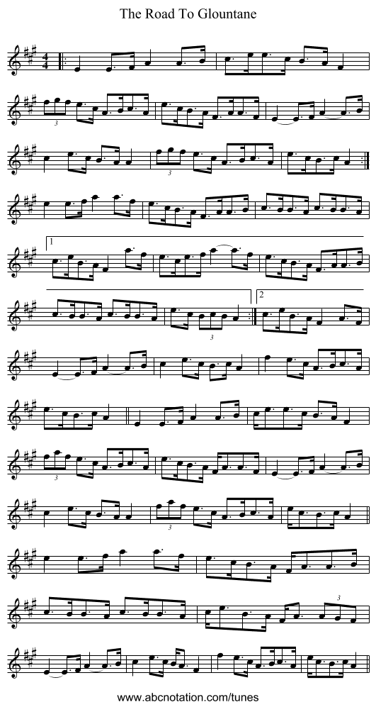 The Road To Glountane - staff notation